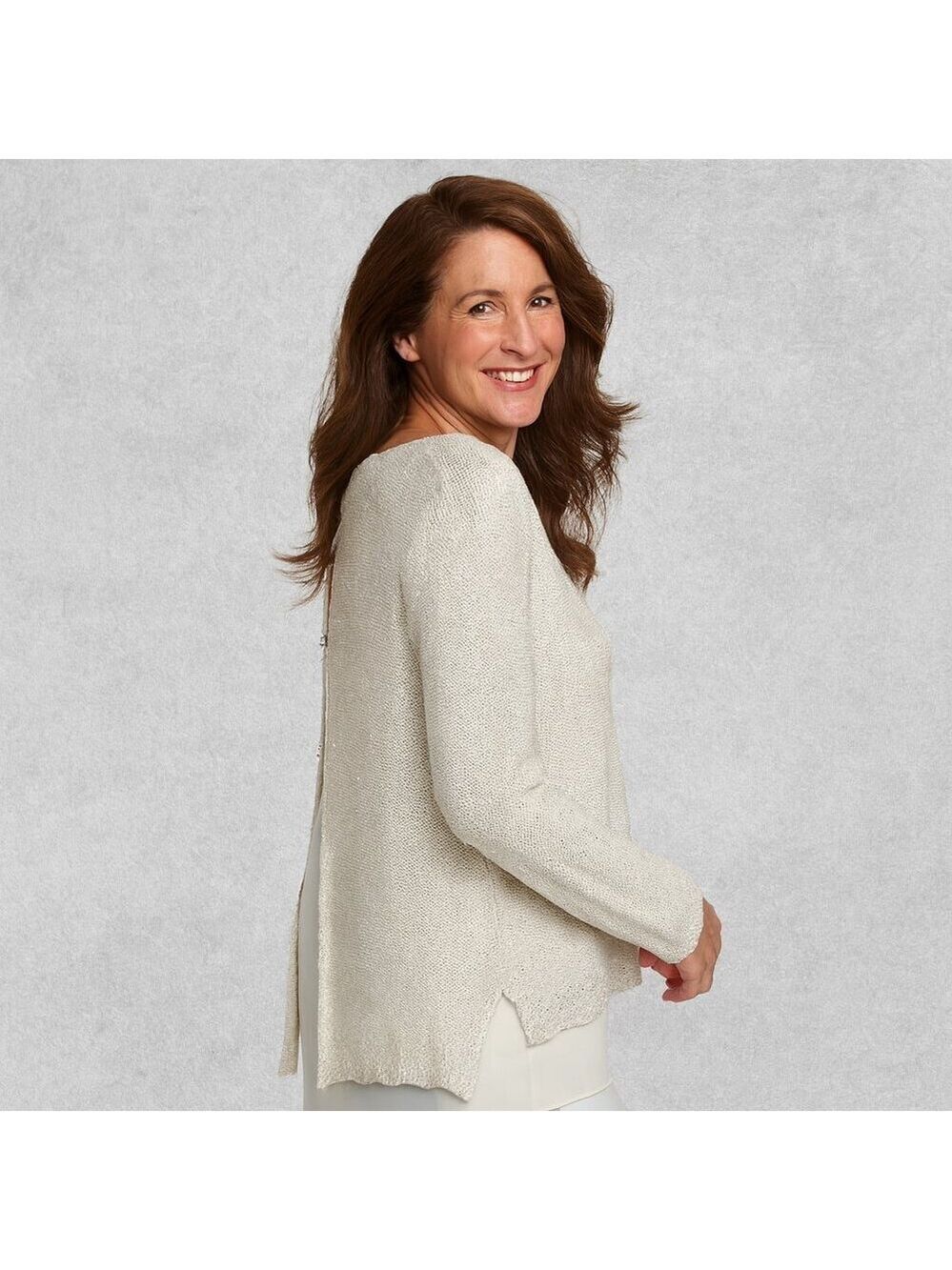 Sioni Winter White Sparkle Sweater XL – Hi-Lo Hem, Chiffon Lining, Rhinestone Bu